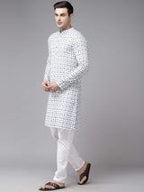 Men Ivory White with Indigo Blue Pattern Pure Cotton Embroidered Straight Kurta With Pajama