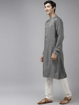 Men Grey & Beige Toned Woven Design Thread Work Kurta