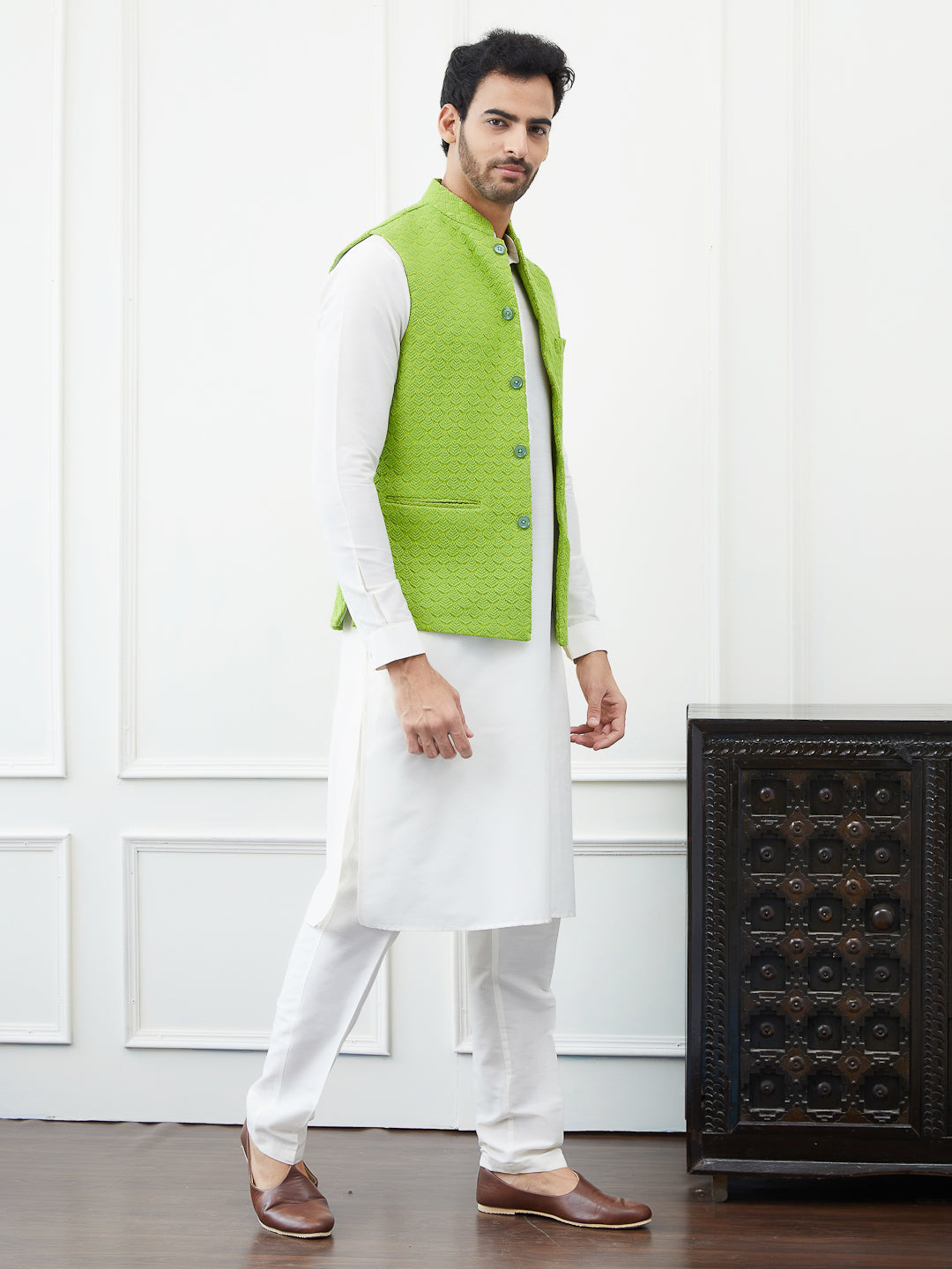 Men Light Green Color Woven Design Embroidery Cotton Nehru Jacket