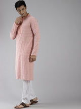 Men White & Peach-Coloured Printed Pure Cotton Straight Kurta With Pajama