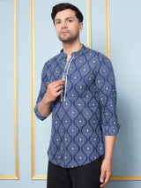 Men Blue & White Azure Wave Printed Cotton Short Kurta