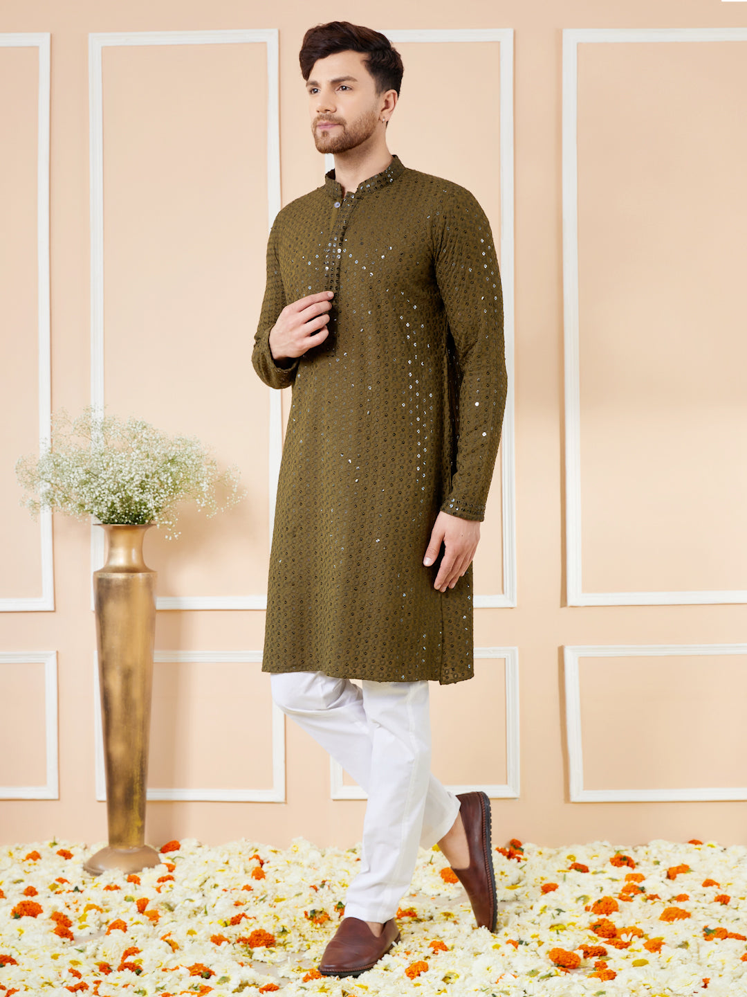 Men Olive Floral Embroidered Sequined Rayon Kurta