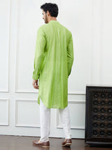 Men Bright Lime Green with Subtle Silver Sequin Stripes Cotton Kurta Set