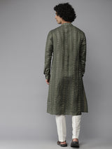 Men Green & Gold-Toned Straight Woven Design Kurta