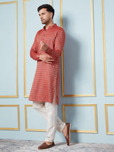 Men Red & Gold Woven Design Thread Work Kurta With Pajama