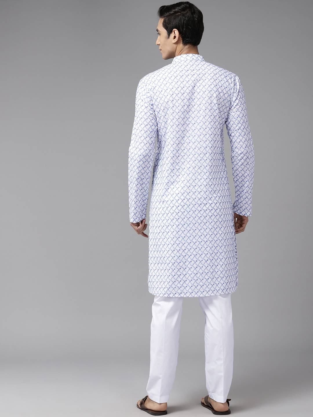 Men White with Blue Lattice Pattern Pure Cotton Embroidered Straight Kurta With Pajama