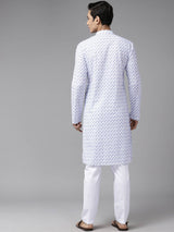 Men White with Blue Lattice Pattern Pure Cotton Embroidered Straight Kurta With Pajama