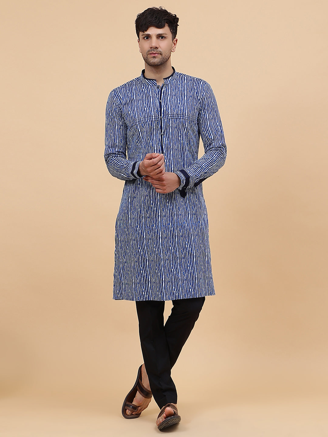 Men Blue and White Strip Printed Kurta With pyjama