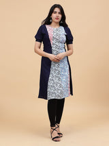 Women Navy Blue with Multicolor Floral Printed Cotton Kurti