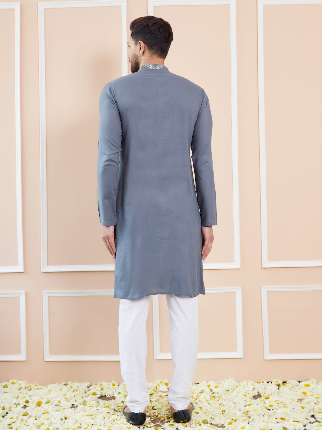 Men Grey And Gold Rayon Embroidery Sequins Kurta With Pyjama