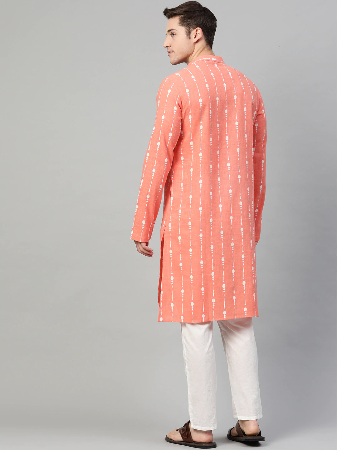 Riwaat.com Men Peach & White Printed Straight Kurta With Pajama Riwaat Printed