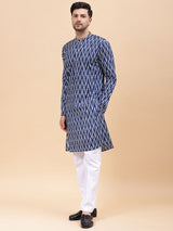 Men Navy Blue & White Pure Cotton Printed Straight Kurta With pyjama