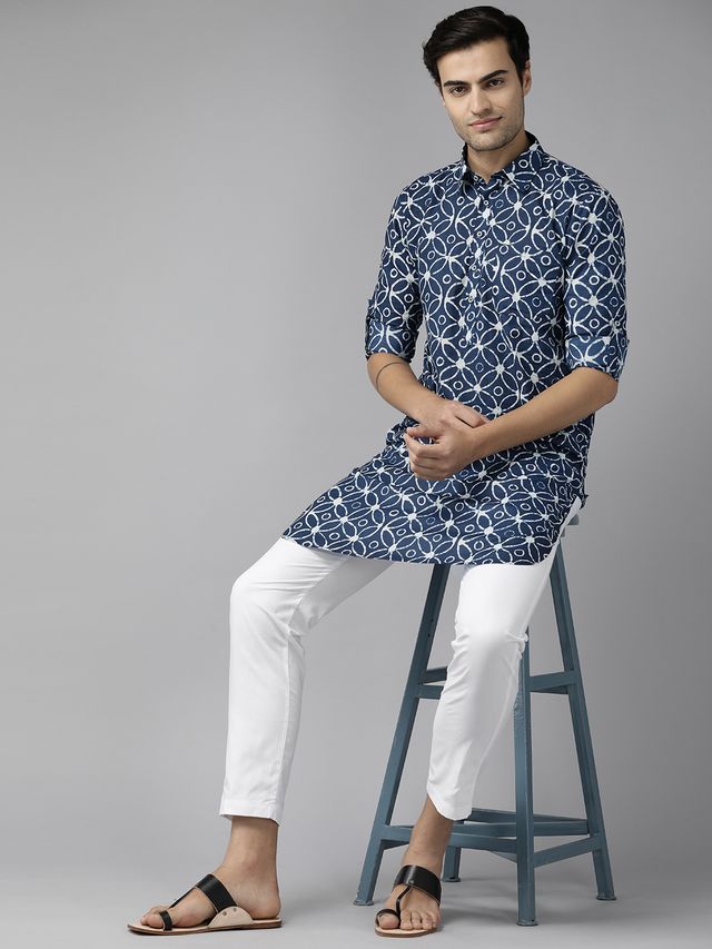 Men Blue Regular Pure Cotton Pathani Printed Men's Kurta