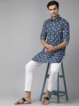 Men Blue Regular Pure Cotton Pathani Printed Men's Kurta