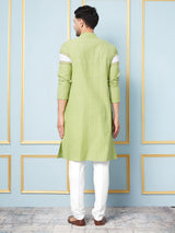 Men Lime Green and White Thread Work Kurta With pyjama