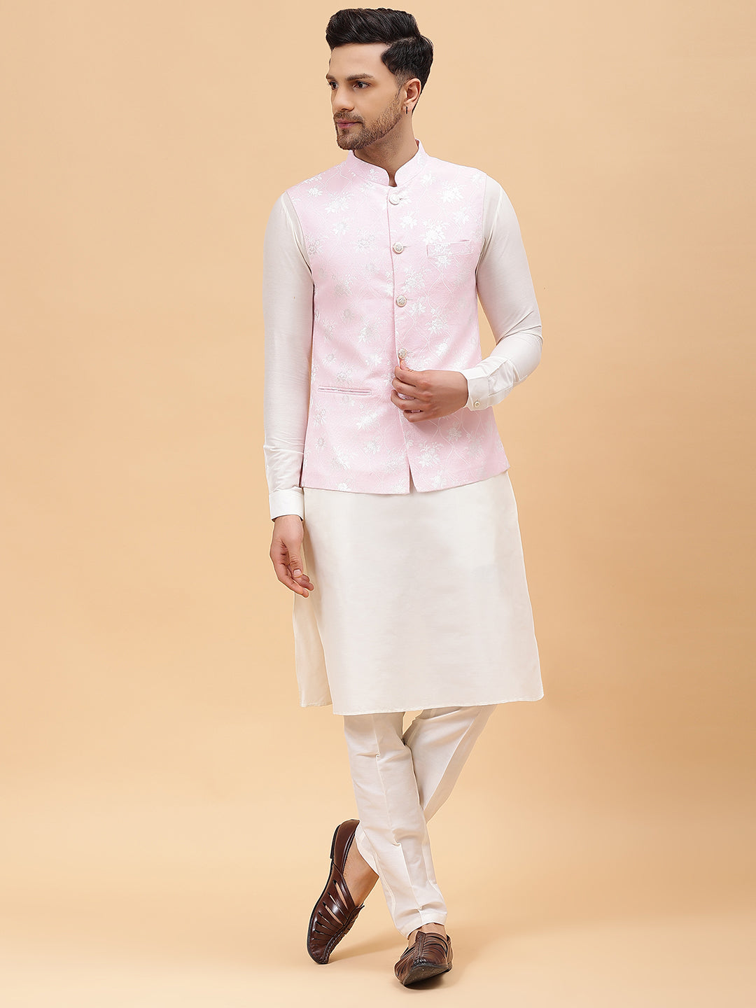 Men Off White Kurta Pajama & Pink with Gold Woven Design Jacquard Nehru jacket