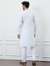 Men Classic Pure White Cotton Thread Work Kurta with Pajama