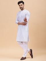 Men White & Blue Pure Cotton Embroidered Straight Kurta