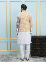 Men Off White And Yellow Color Printed Cotton Nehru Jacket