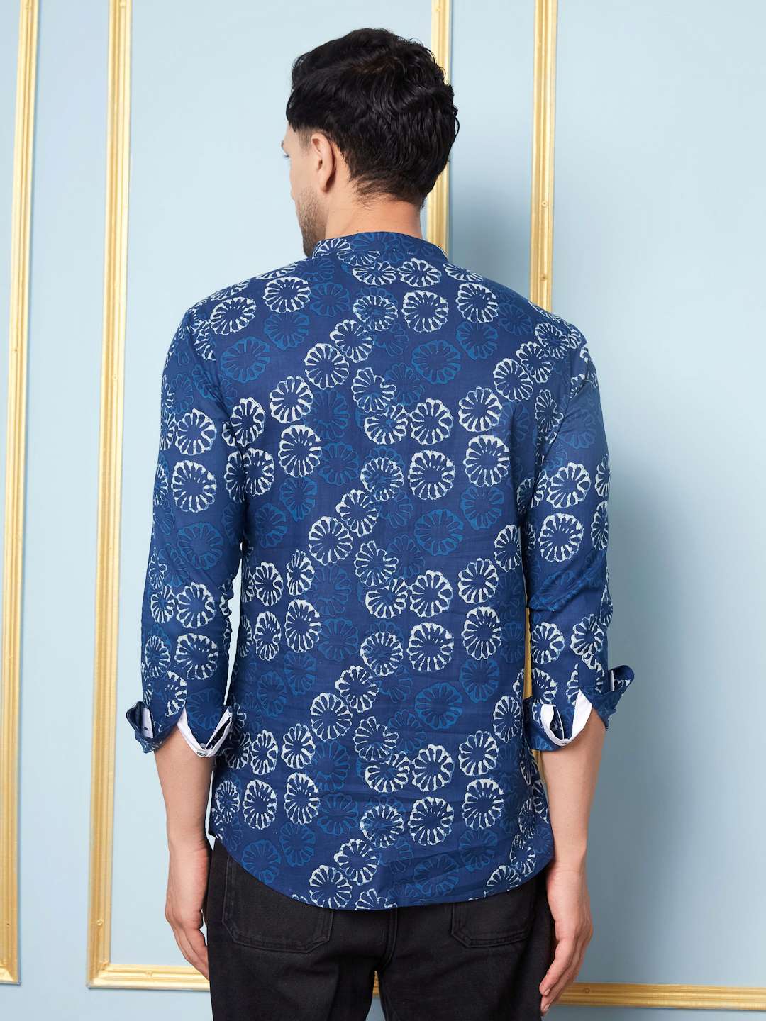 Men Blue & White Midnight Bloom Printed Cotton Short Kurta