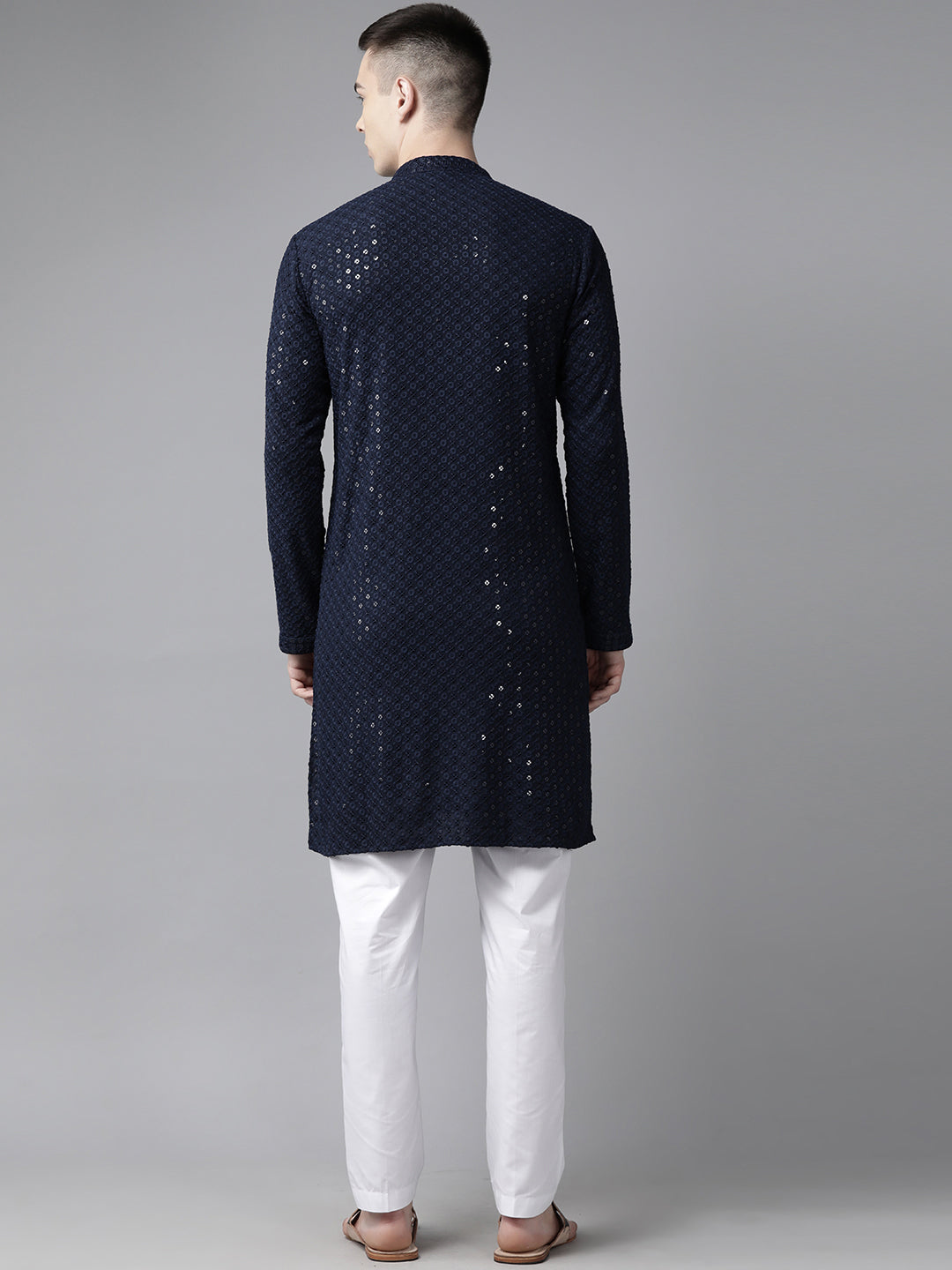 Men Navy Blue Floral Embroidered Sequins Rayon Kurta With pyjama