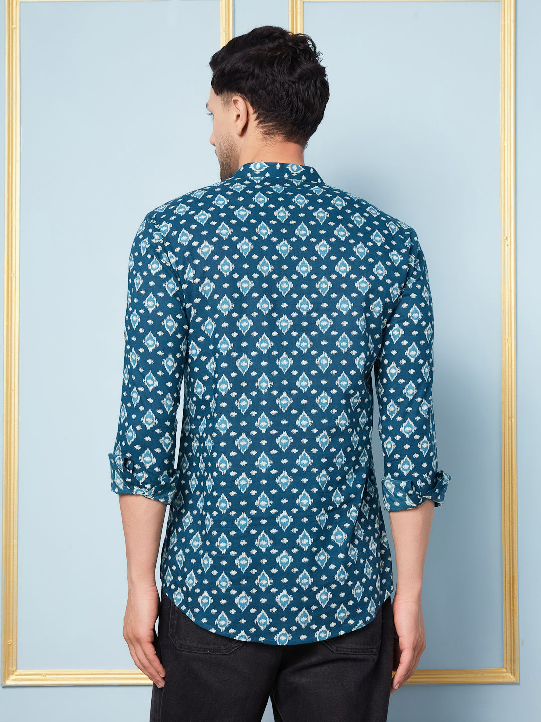 Men Teal Printed Cotton Short Kurta