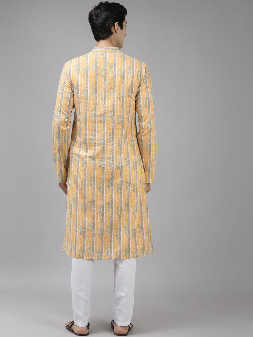 Men Yellow Self Printed Pure Cotton Straight Kurta With Pajama