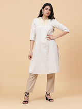 Women Off White And Gold Stripe Thread Work Yoke Design Cotton Kurti