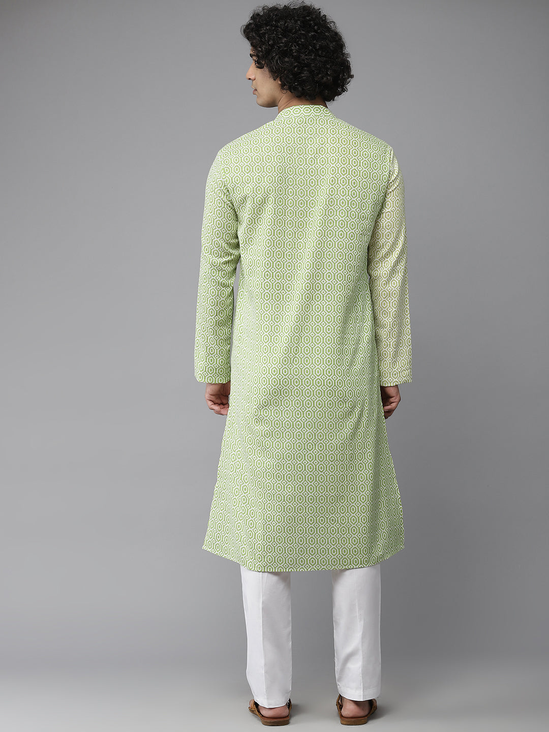 Men Mint Green & White Printed Pure Cotton Straight Kurta With Pajama