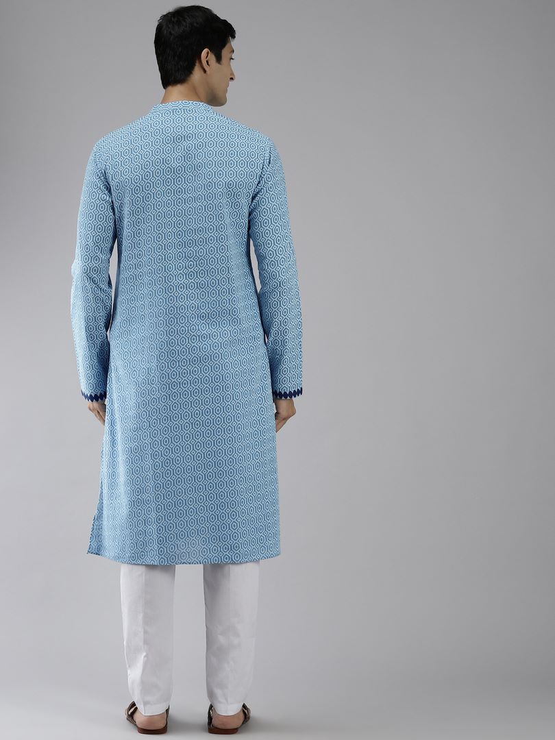 Men Blue & White Azure Printed Straight Kurta With Pajama