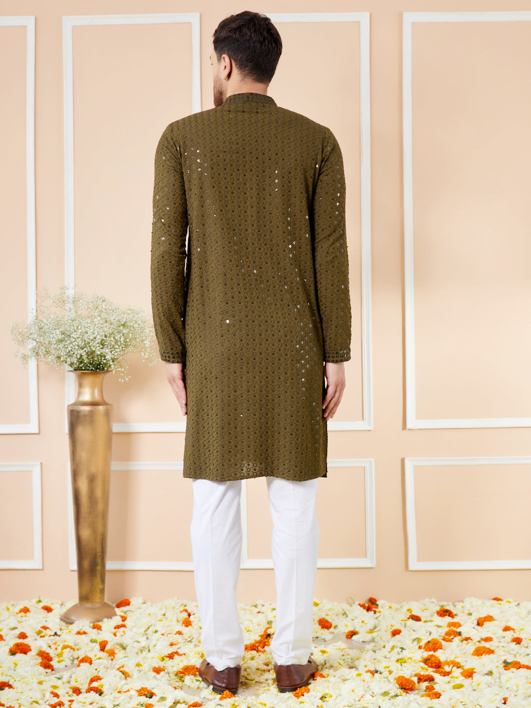 Men Olive Floral Embroidered Sequined Rayon Kurta