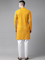 Men Mustard Floral Embroidered Sequins Rayon Kurta With pyjama