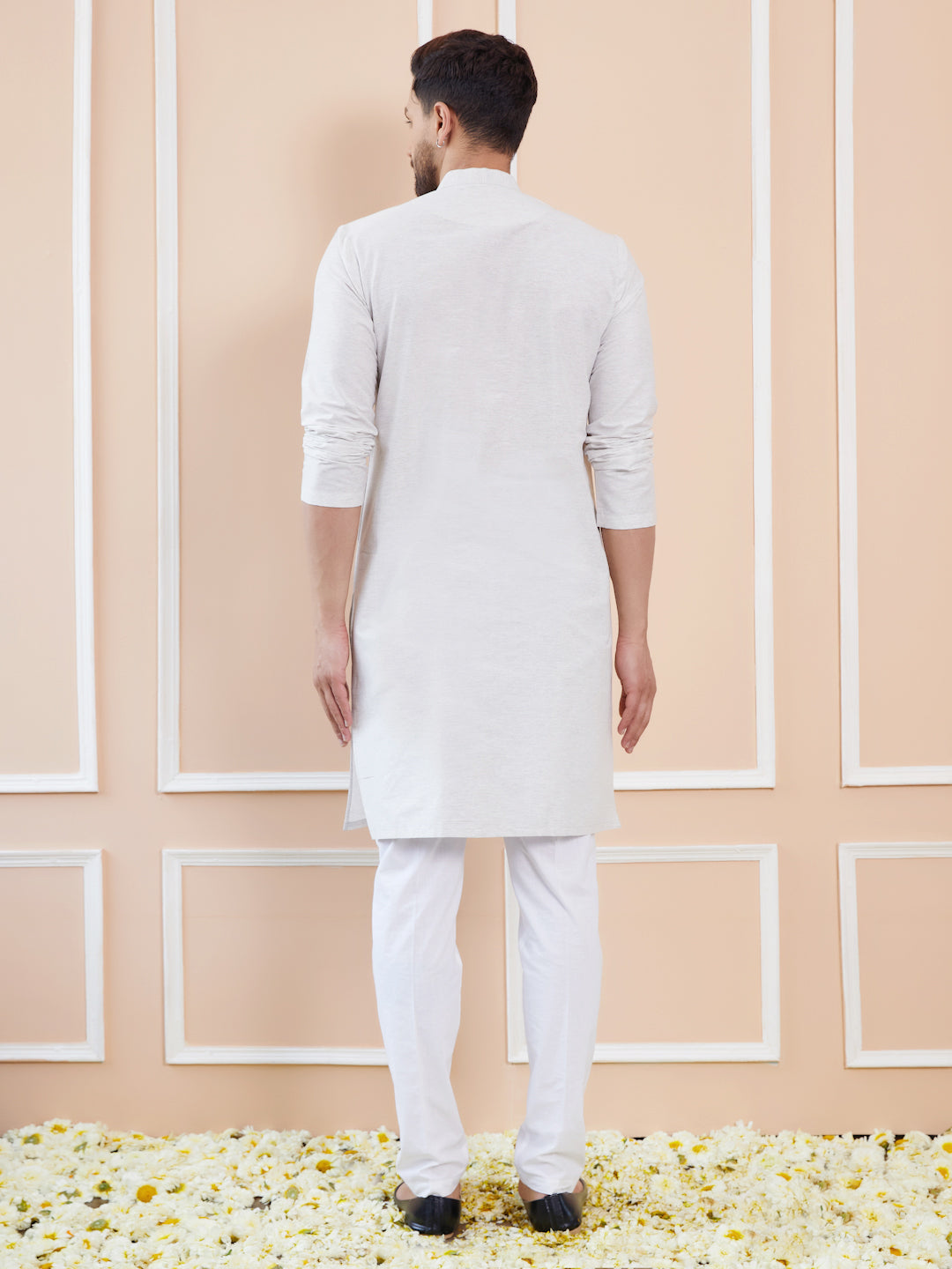 Men Off White Cotton Silk Pintex Design Thread Work Kurta