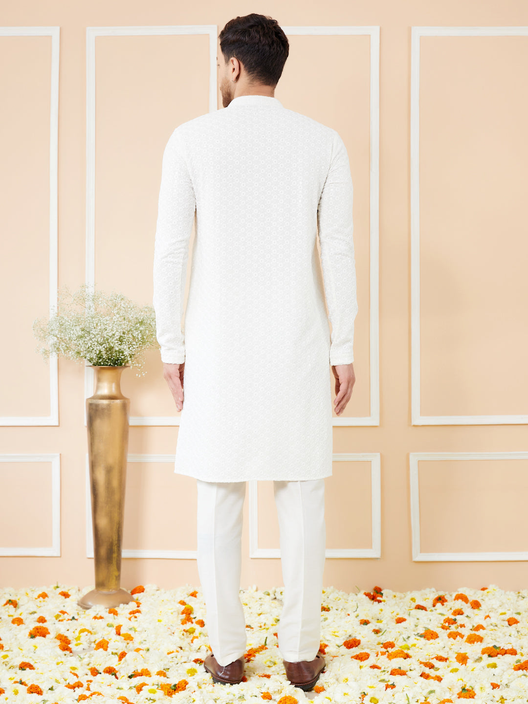 Men White Embroidered Sequined Rayon Kurta