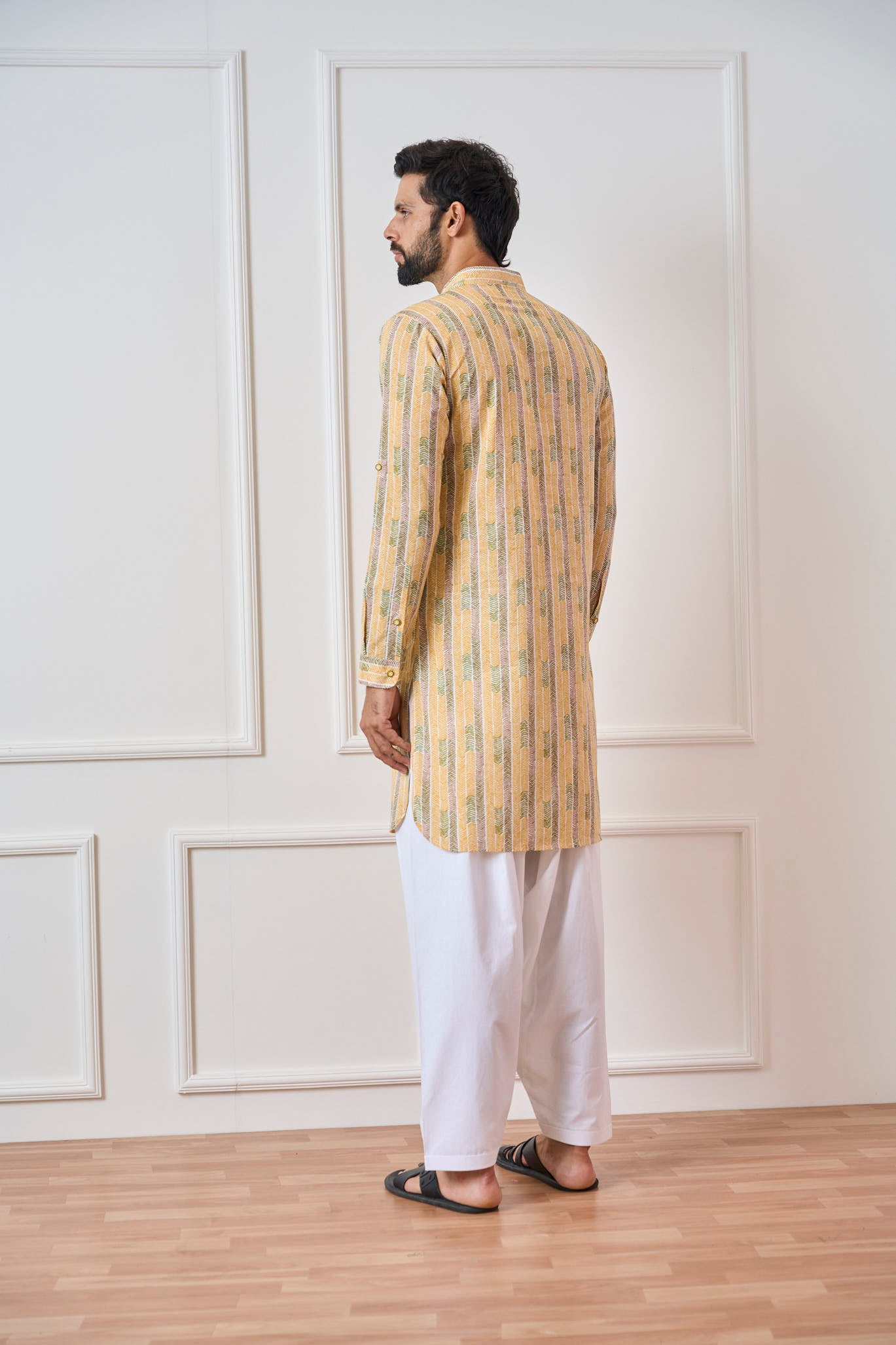 Riwaat.com Yellow Regular Pure Cotton Pathani Kurta Riwaat Floral Haldi Pathani