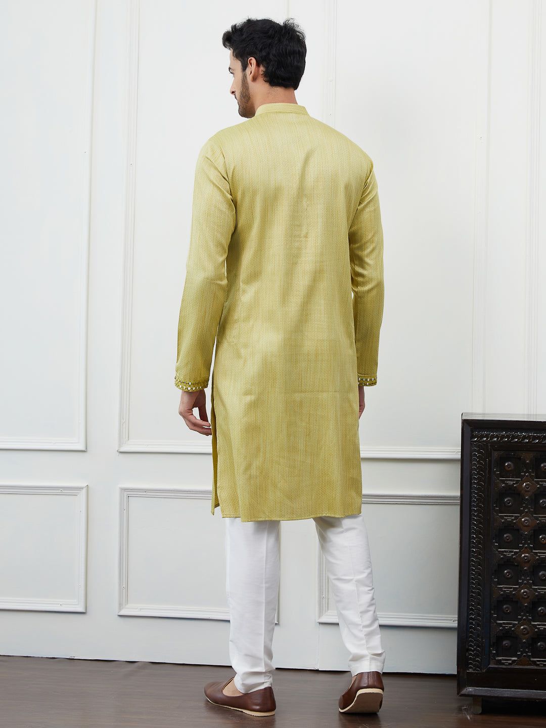 Riwaat.com Men Olive Sequence Mirror Work Cotton Kurta Riwaat Embroidered Mehendi