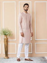 Light Pink Sequins Embroidered Pure Chanderi Silk Straight Kurta with Pyjama