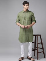 Men Olive Regular Pure Cotton Pathani Printed Men's Kurta