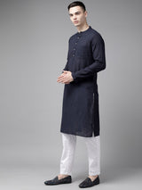 Men Blue & Maroon Printed Pure Cotton Kurta Pajama With Nehru Jacket