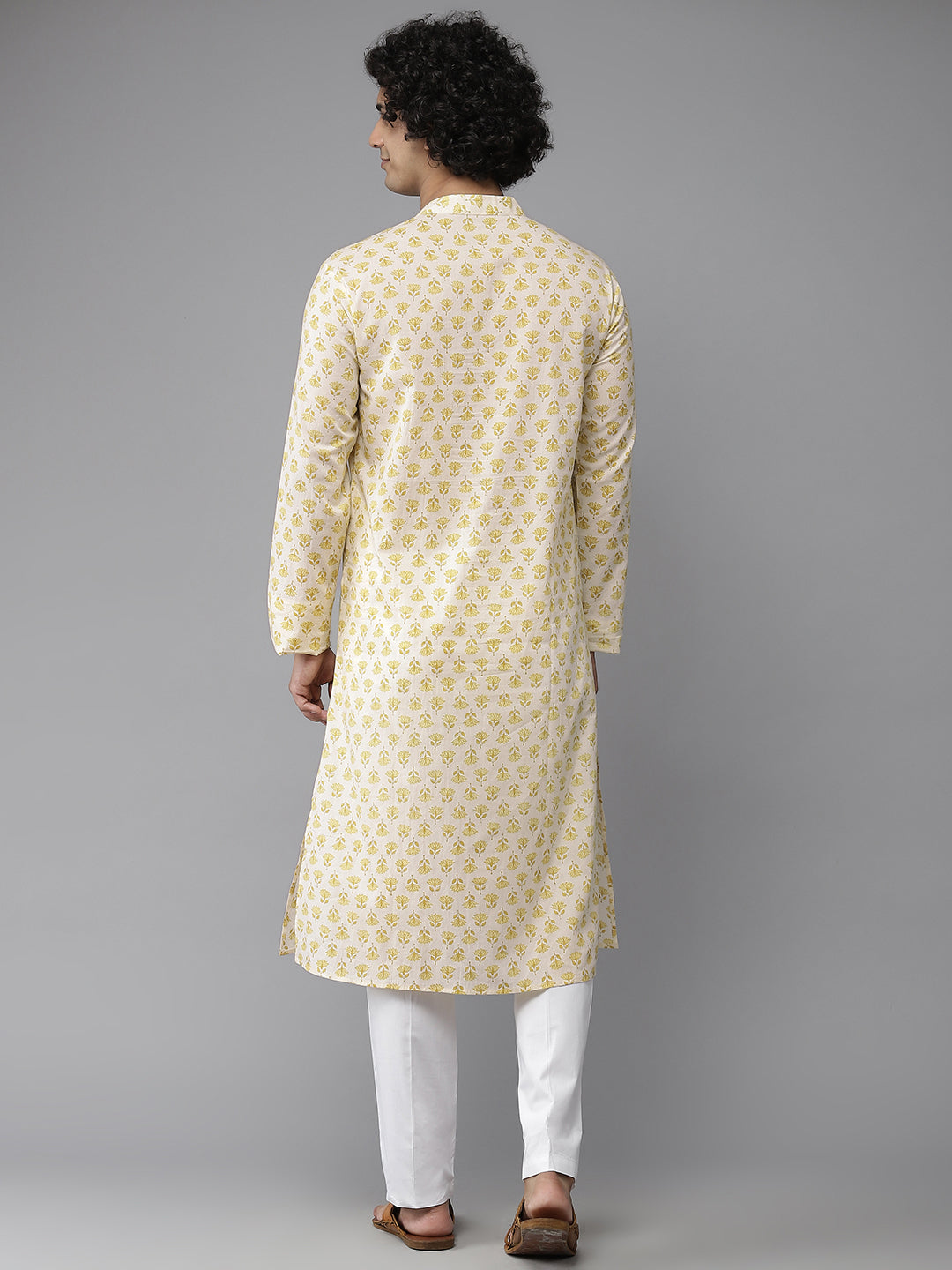 Men Cream with Yellow Floral Printed Kurta and Pajama