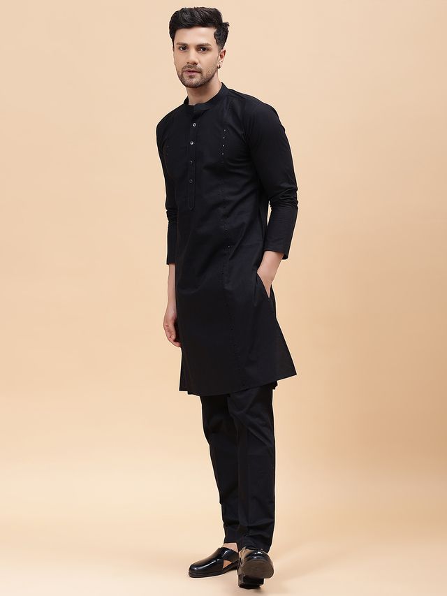 Men Black Pure Cotton Embroidered Straight Kurta With pyjama