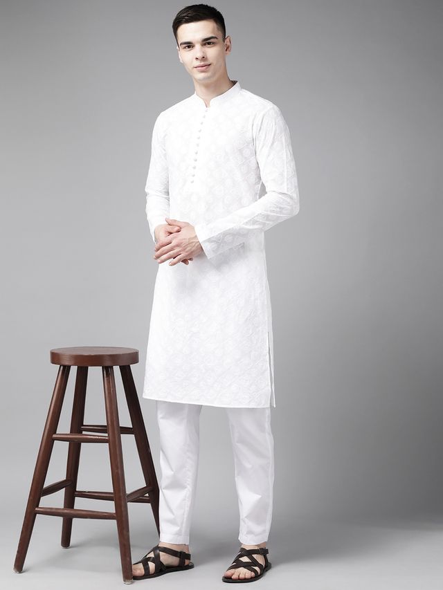 Men White Pure Cotton Chikankari Embroidered Straight Kurta With Pyjama