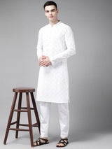 Men White Pure Cotton Chikankari Embroidered Straight Kurta With Pyjama