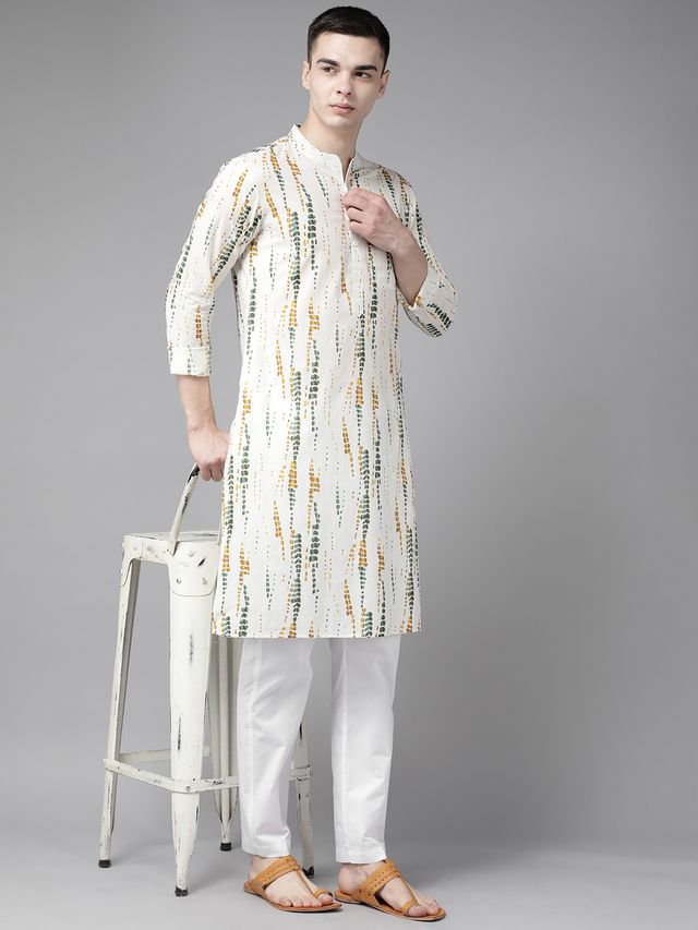 Men White Multi Tie and dye Print Design Straight Kurta With Pyjama
