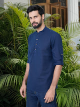 Men Pack Of 2 Turquoise Blue & Navy Blue Cotton Solid Short Kurta