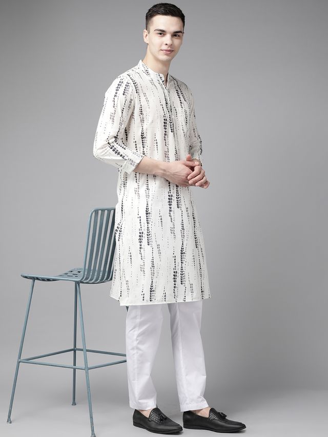 Men White Multi Tie and dye Print Design Straight Kurta With Pyjama