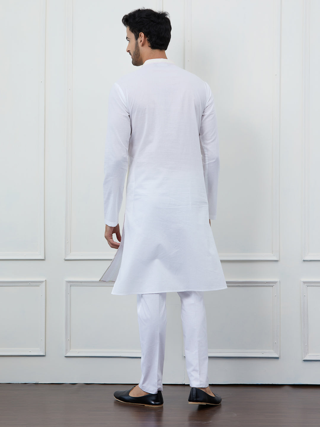 Men White Cotton Multi Thread Work Kurta With Pyjama