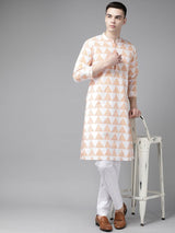 Men White & Yellow Stripe Printed Straight Kurta With Pyjama