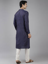 Men Blue & Beige Toned  Woven Design Thread Work Kurta