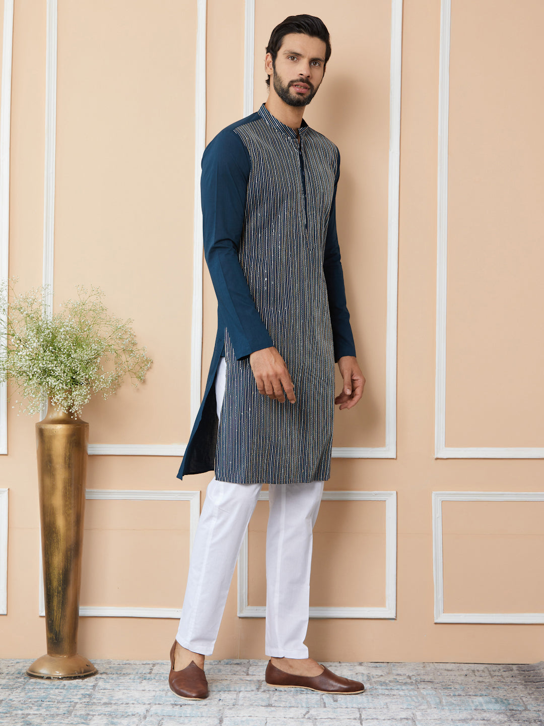 Dark Blue Thread & Sequins Worked Pure Cotton Straight Kurta with Pyjama